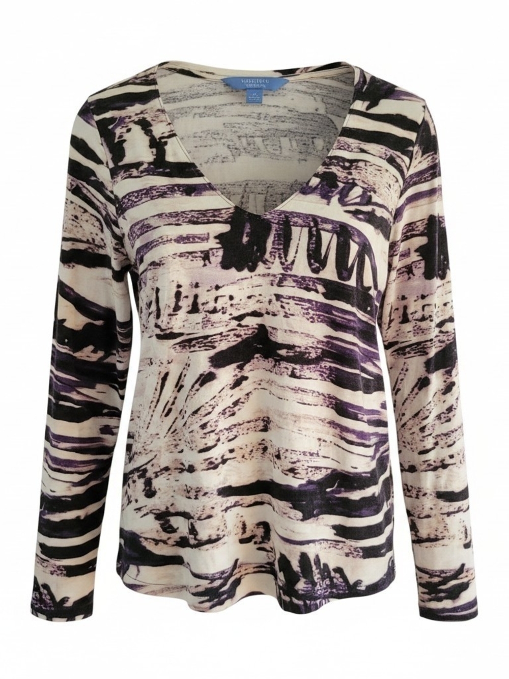 Simply Vera Vera Wang Purple and Cream Abstract V-Neck Long Sleeve Top